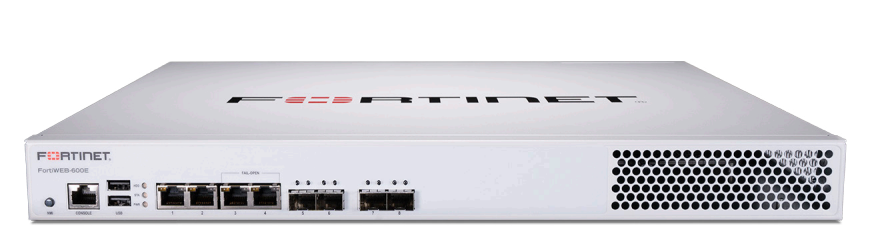 Fortinet FortiWeb-600F silver appliance with 4x1GbE RJ45 ports front view