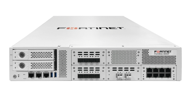 Back of white Fortinet FortiWeb-3000F with network ports and vents