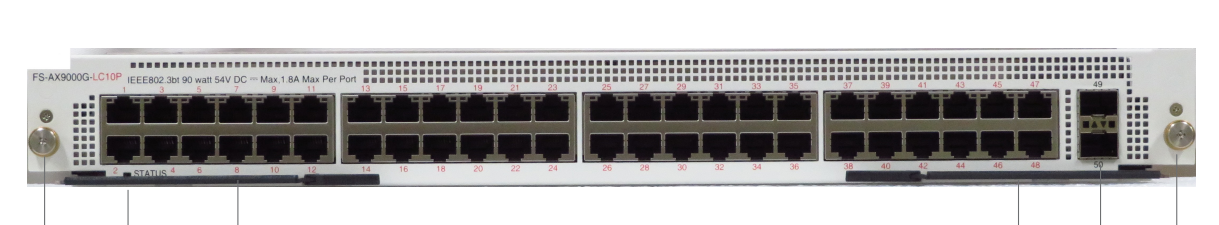 Fortinet FS-AX9000G-LC10P line card with gray metal switch and PoE++ ports