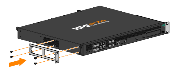 Black HPE ProLiant server with ports, drive bay, Aruba S0Q21A 9114-MNT-19 rack kit
