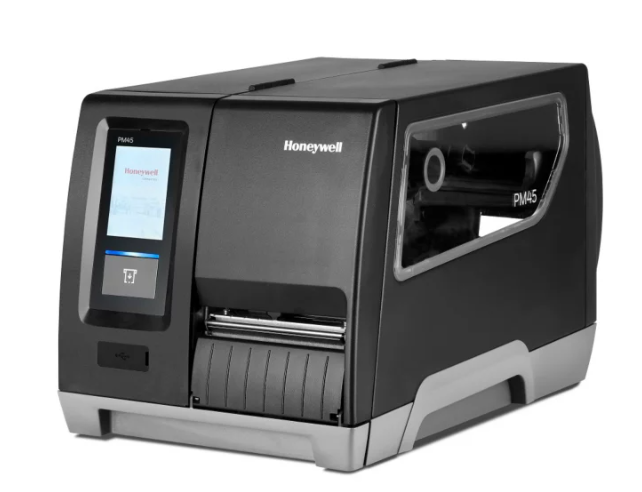 Black and gray Honeywell PM45A label printer with touchscreen, 203 DPI