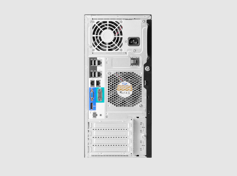 Rear view of HPE ML30 Gen11 silver tower with ports, fans, I/O shield