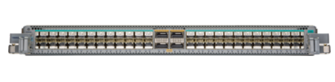 Gray Cisco Catalyst 9500 switch with Arista 7500R3 line card ports