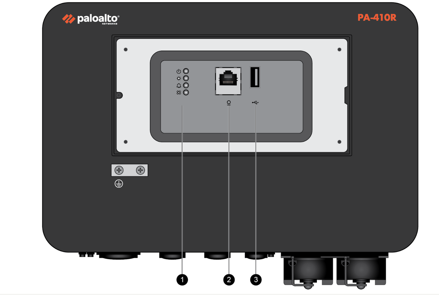 Black Palo Alto Networks PA-410R firewall with silver control panel ports