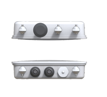 White rectangular fortinet fap-222kl-h outdoor wi-fi 7 ap with four silver knobs and one black knob on top