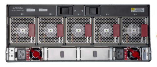 Arista DCS-7086-SR server rack with red fans, silver grilles, front-to-rear airflow