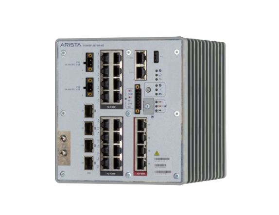 Silver arista 7450-16x network switch with multiple ethernet ports and ribbed side panel in industrial fanless design