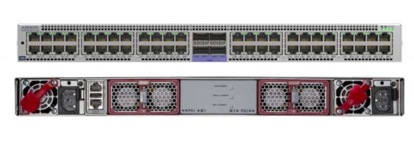 A sleek silver arista dcs-7020r4-48tx-4qc-f network switch with 48 10gbe rj45 ports and rear ventilation grilles