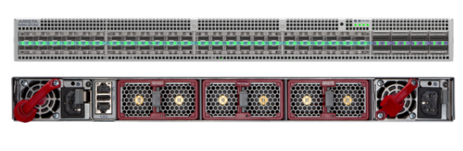 Arista dcs-7020r4m-48y-8qc-r silver and black 48x25gbe sfp 8x100gbe qsfp switch router with green leds and red fans