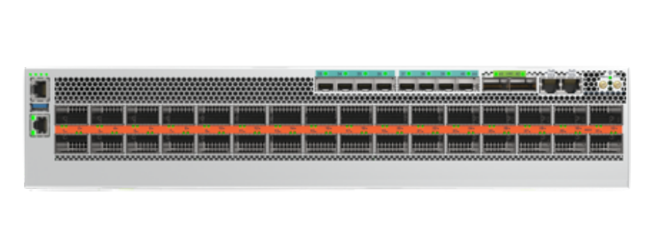 Gray metal arista dcs-7280r4k-32de-f switch router back side with 32x800gbe qsfp-dd ports and ventilation grilles