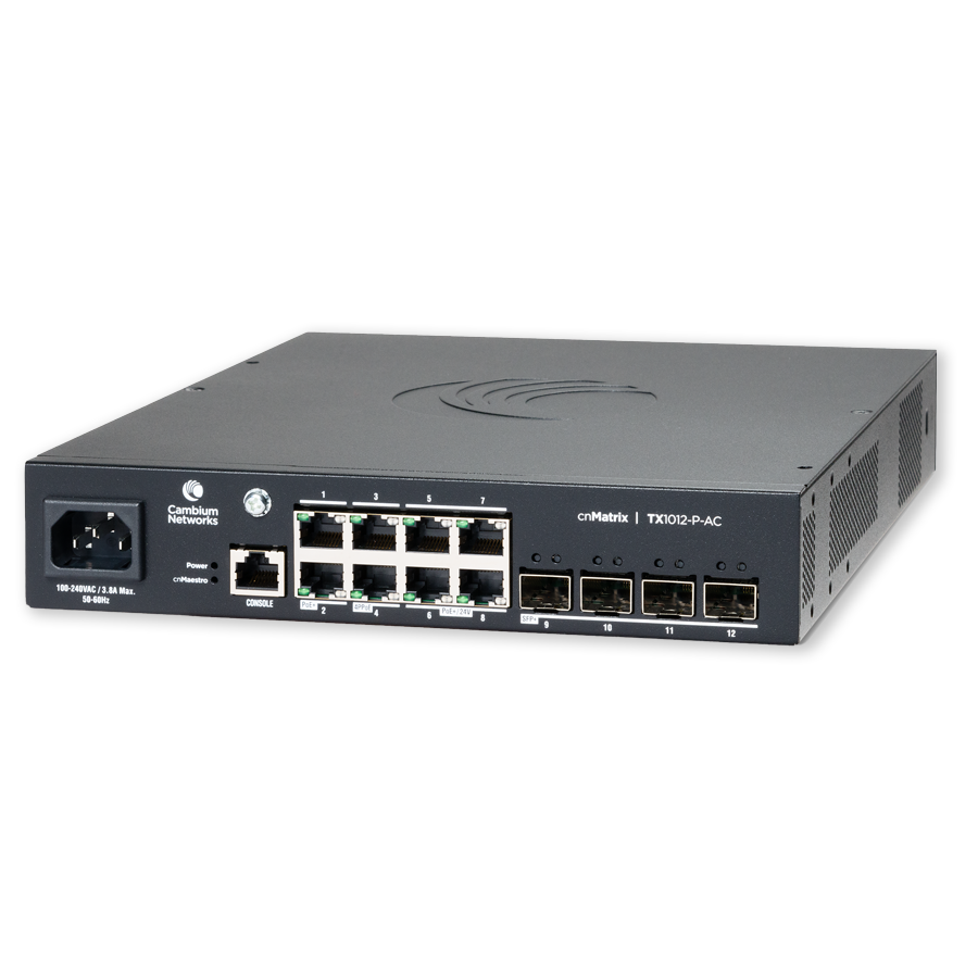 Cambium Networks MXTX1012GXPF00 | 8x1Gbps Ethernet, 4 SFP+ Ports, PoE, cnMatrix TX1012-P-AC