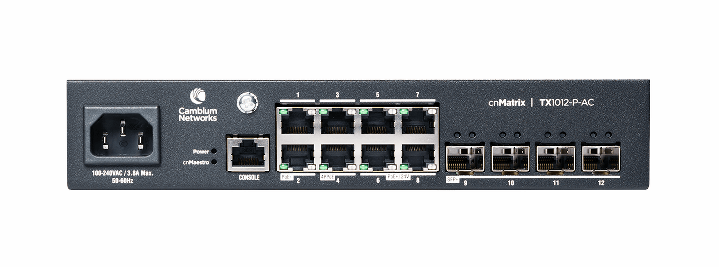 Cambium Networks MXTX1012GxPAF0 | cnMatrix TX1012-P-AC PoE Switch, 8 x 1GbE, 4 x SFP+, AC, No Power Cord