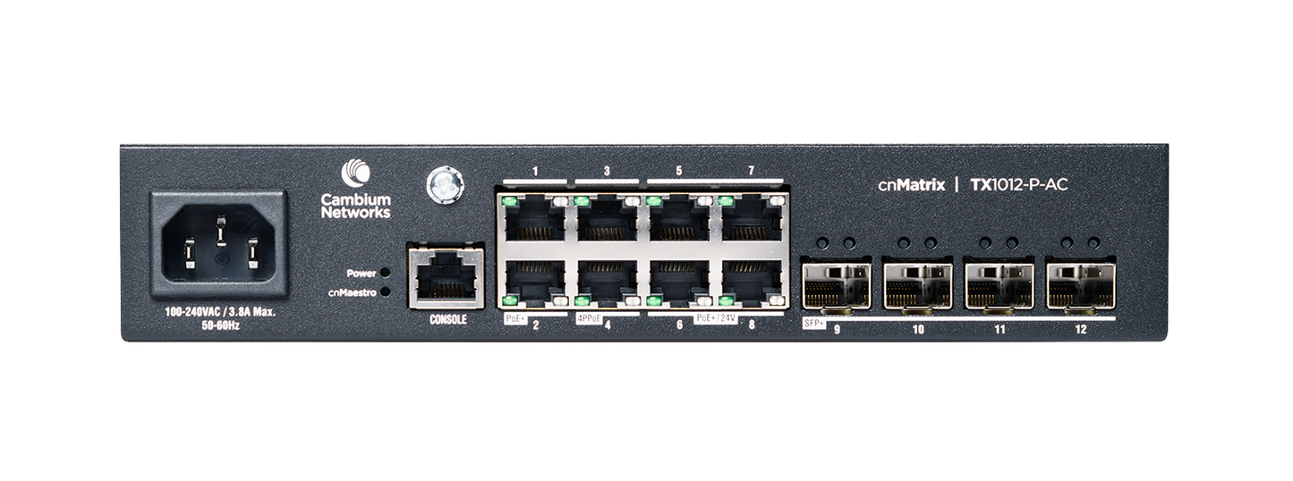 Cambium Networks CNMatrix TX1012-P-AC switch rear with 8 Ethernet ports