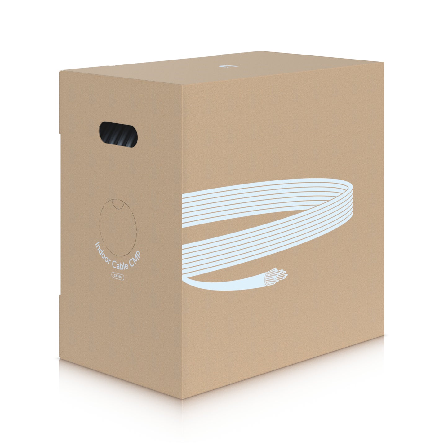 Beige cardboard box with white graphic of coiled indoor cable for ubiquiti unifi indoor cat6a cmp ethernet cable 305m