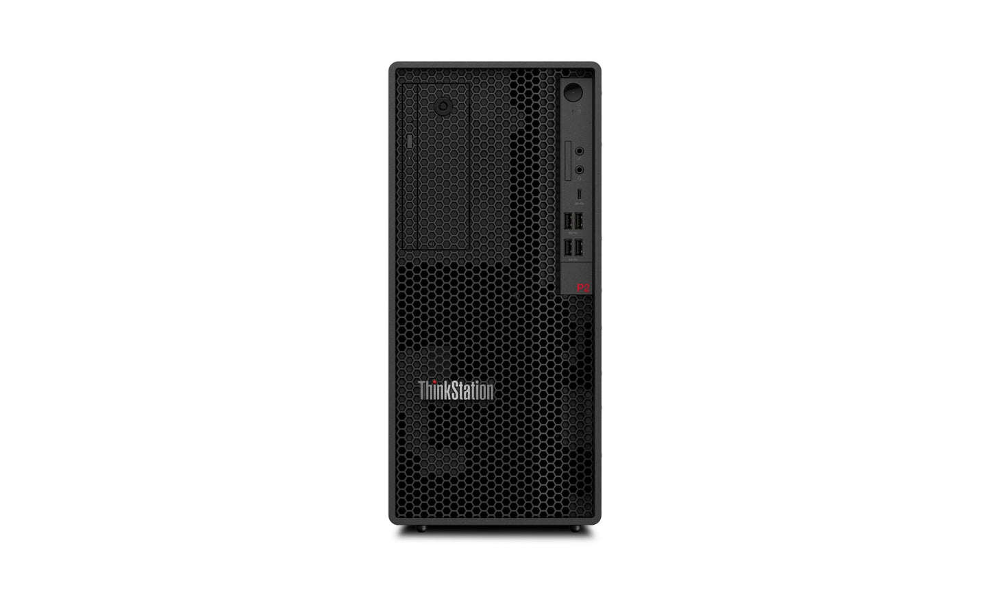 Black Lenovo ThinkStation P340 tower with honeycomb front, red lights