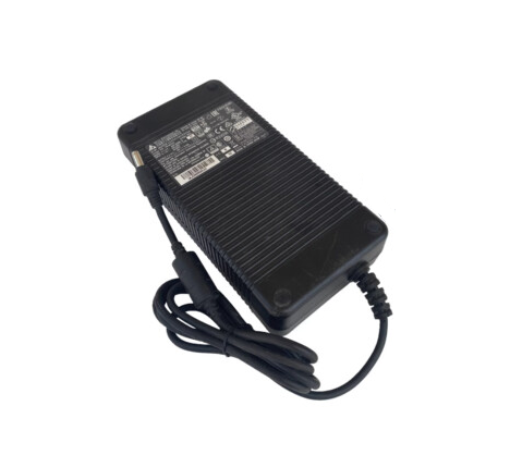 Black plastic Juniper EX4100 series ac adapter with ribbed texture and coiled power cord 280W AU plug