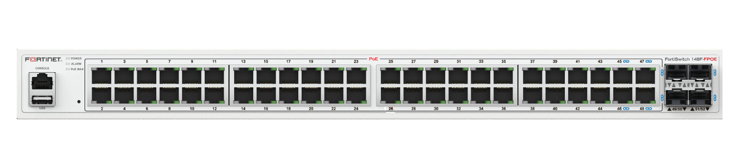 Fortinet FS-148F-FPOE | 48x GE PoE, 4x SFP+ Uplinks, 740W PoE Budget, Layer 2+ Switch