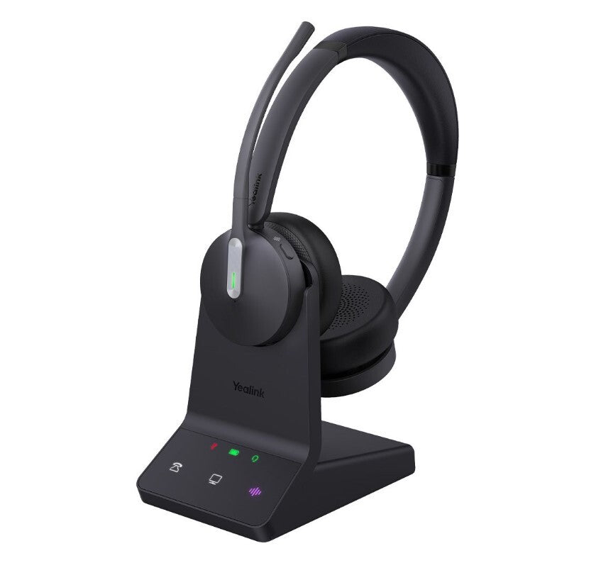 Yealink WH64-D-WS dual-ear wireless headset on charging stand