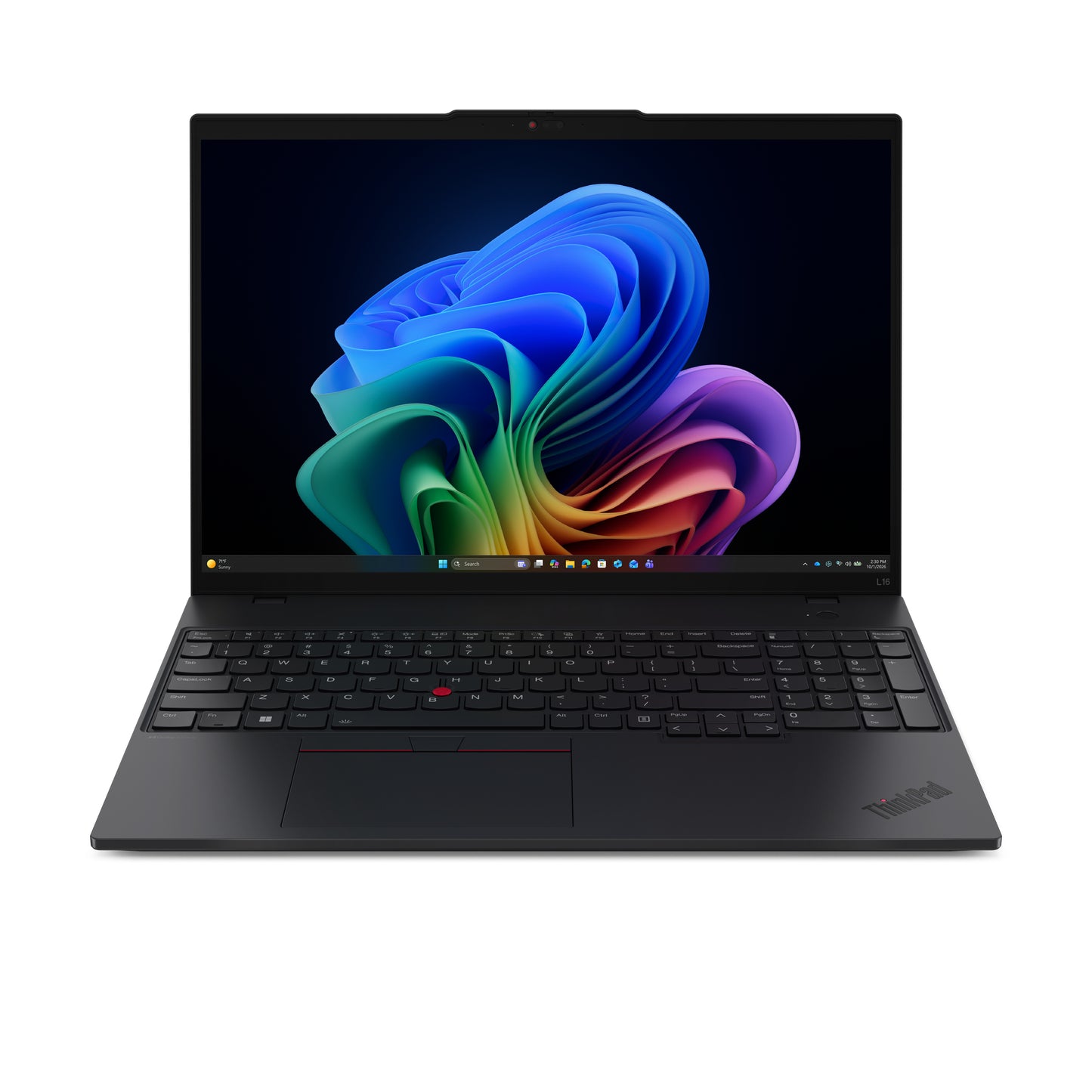 Black lenovo thinkpad l16 gen 3 laptop with sleek design and vibrant abstract wallpaper on 16 inch screen