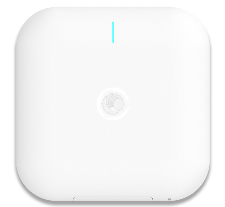 White square-shaped Cambium Networks XV3-8 indoor tri-radio wi-fi 6 access point with blue indicator light and logo
