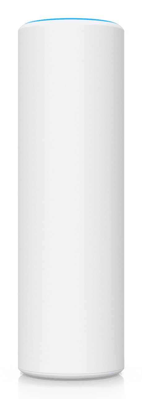 White cylindrical ubiquiti u7 mesh smart speaker with subtle blue light ring for indoor outdoor wifi 7 access point
