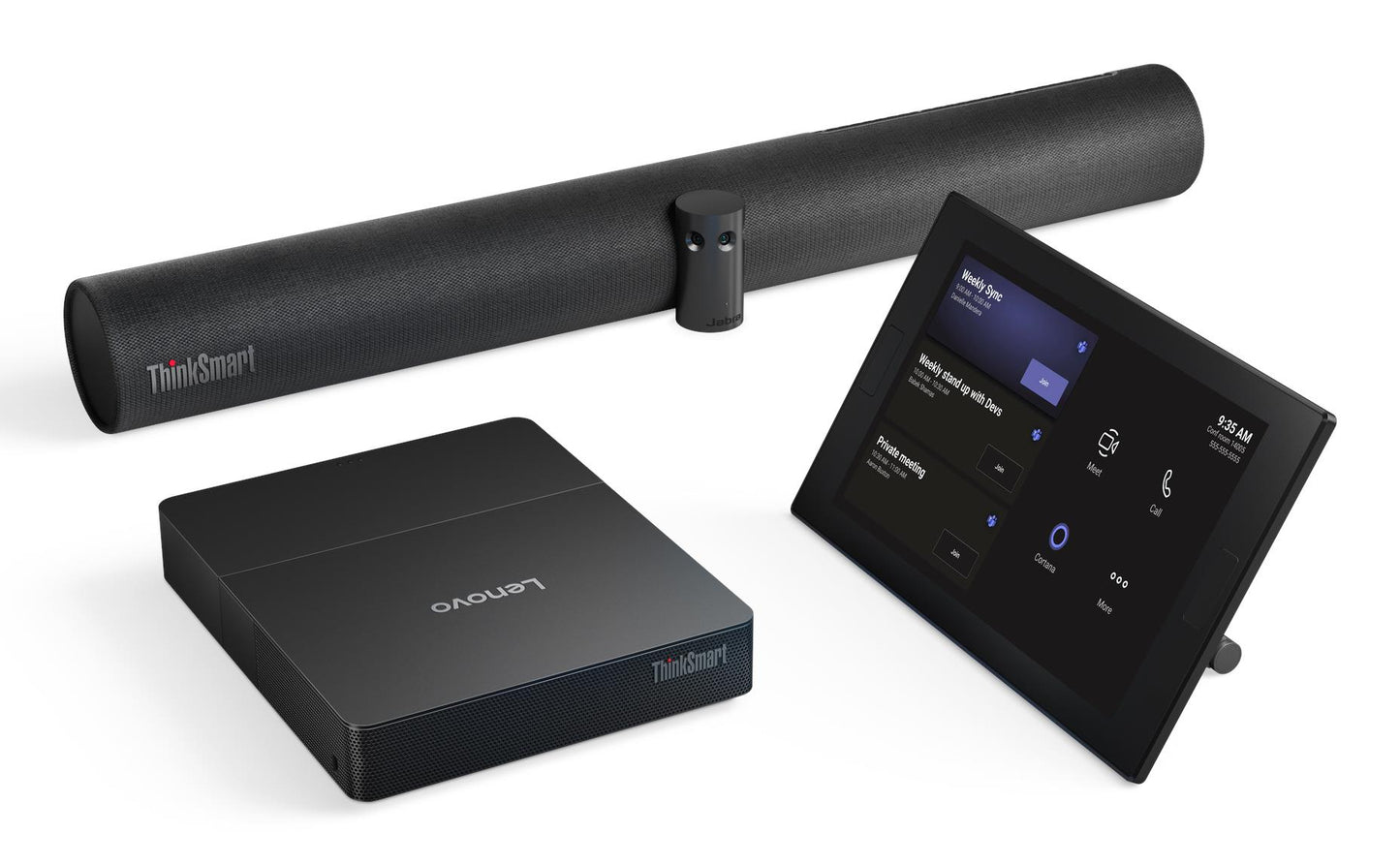 Lenovo 12WJ0008AU thinksmart core G2 kit with black cylindrical speaker bar and touchscreen video conference system