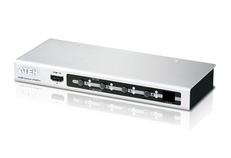 ATEN VS481A 4-port HDMI switch rear view with silver body, black ports, numbered buttons