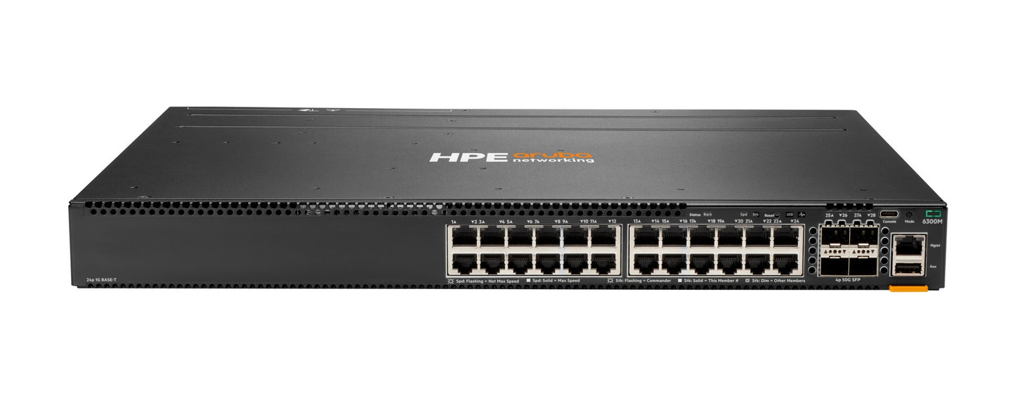 Aruba JL664A CX 6300M 24-port 1GbE L3 switch with ports and lights
