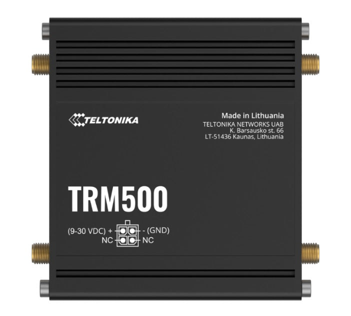 Black Teltonika TRM500 5G modem with gold connectors, matte finish