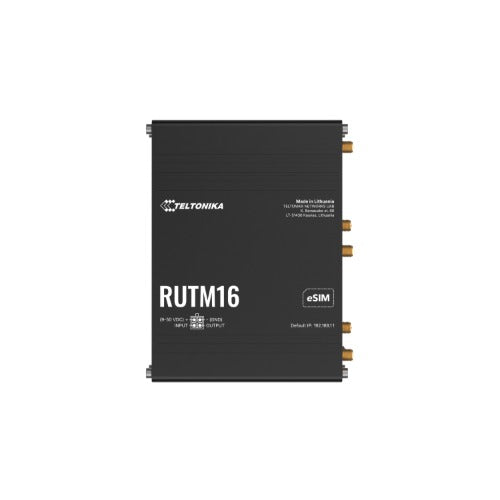 Black teltonika rutm16 industrial lte cat 6 router with gold antenna connectors and telit modem psu shown from back side