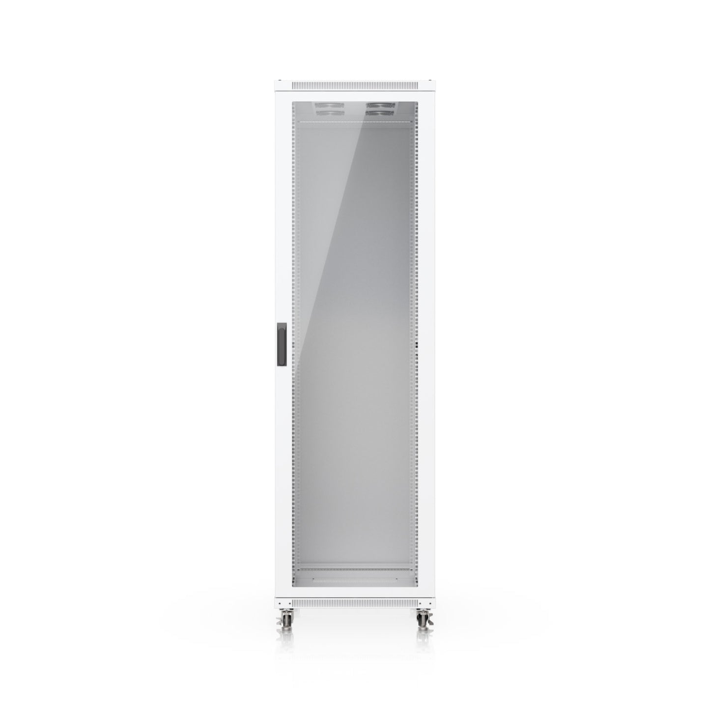 White metal ubiquiti uacc-rack-42u-1000-g server rack cabinet with glass front door and built-in fans on casters