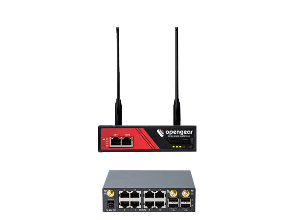 Black and red openggear acm7008-2-lmp 8-port serial console server with dual antennas ethernet ports and status leds