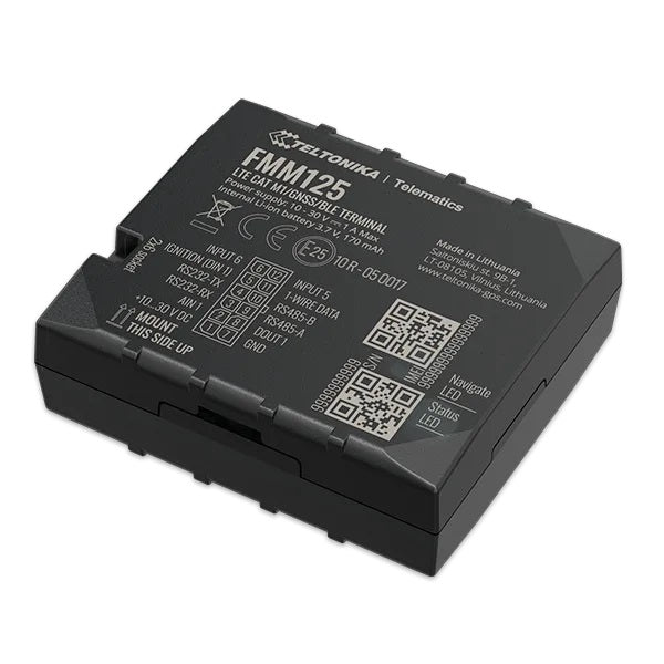 Black Teltonika FMM125 4G LTE Cat M1 GPS vehicle tracker with matte finish and labeled connectors on the back side