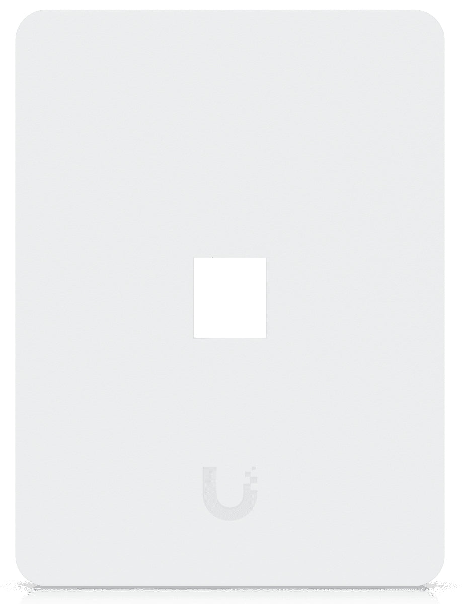 White rectangular uplink wireless access point with central square port and subtle logo ubitiqui ubiquiti unifi keystone wall plate