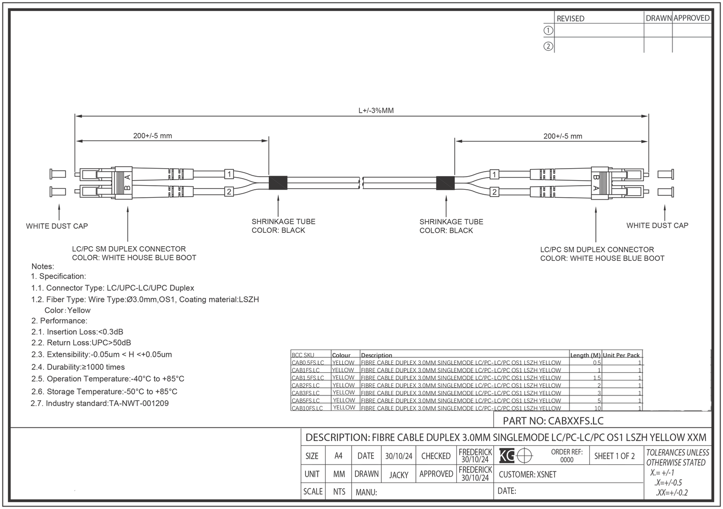 OS1 / OS2 Singlemode Fibre Optic Cable | Duplex LC to LC | LSZH Yellow | 0.5 to 10 Meter
