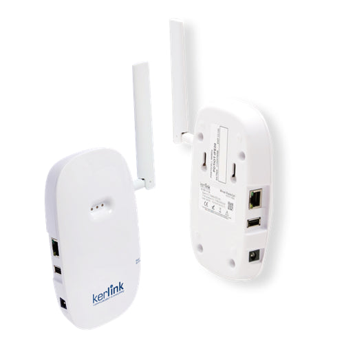 White Kerlink Spot LoRaWAN gateway with antennas, ports, Wi-Fi, mount