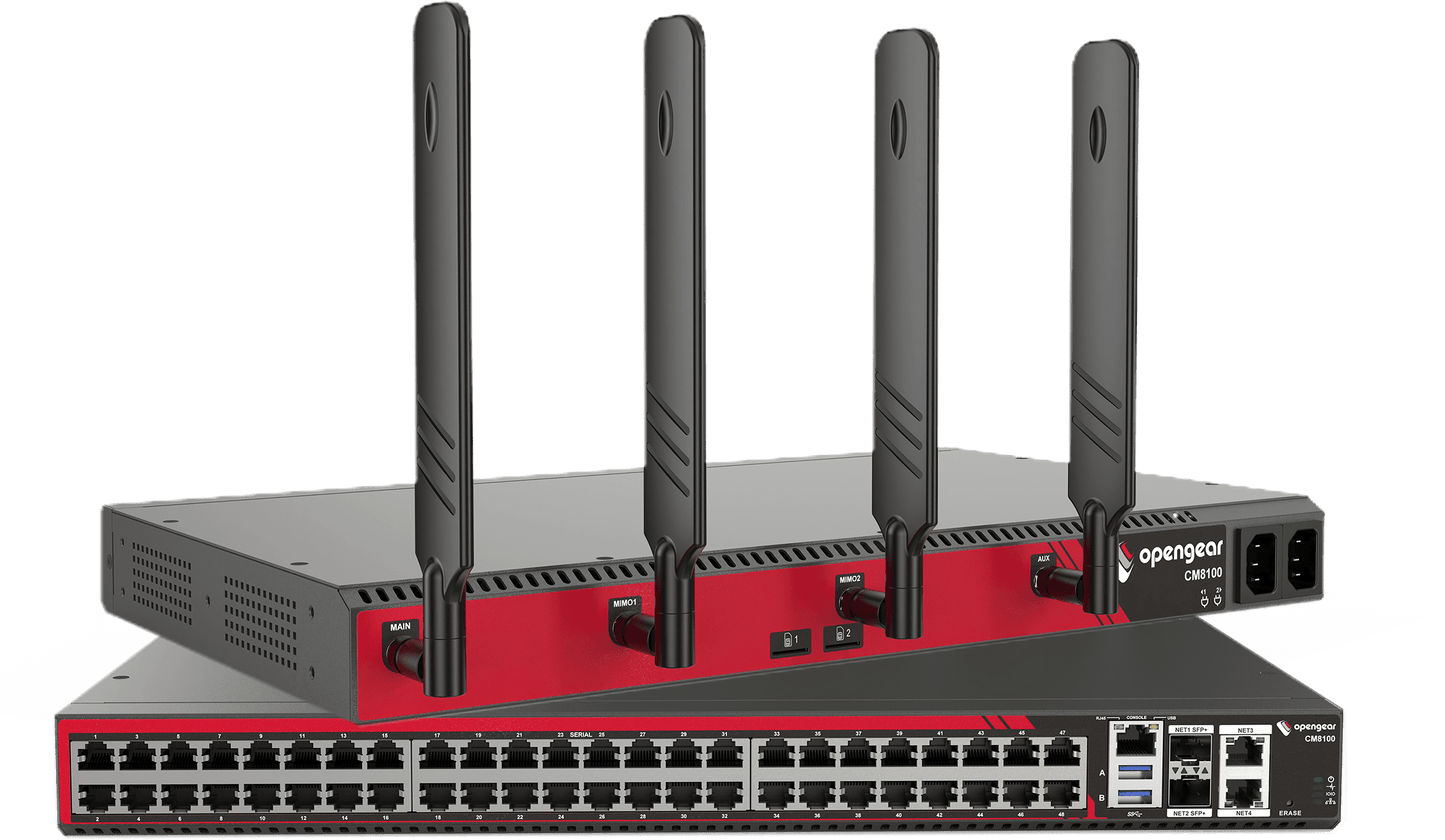 Black and red opengear cmh100 network switch with four vertical antennas in the openggear cm8148 console server product