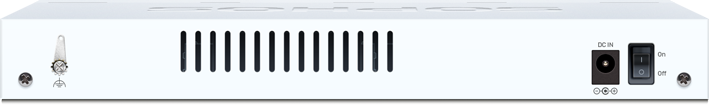Back of Sophos CS101-8 silver Gigabit switch with white rectangular receiver, black vents, DC in and power switch