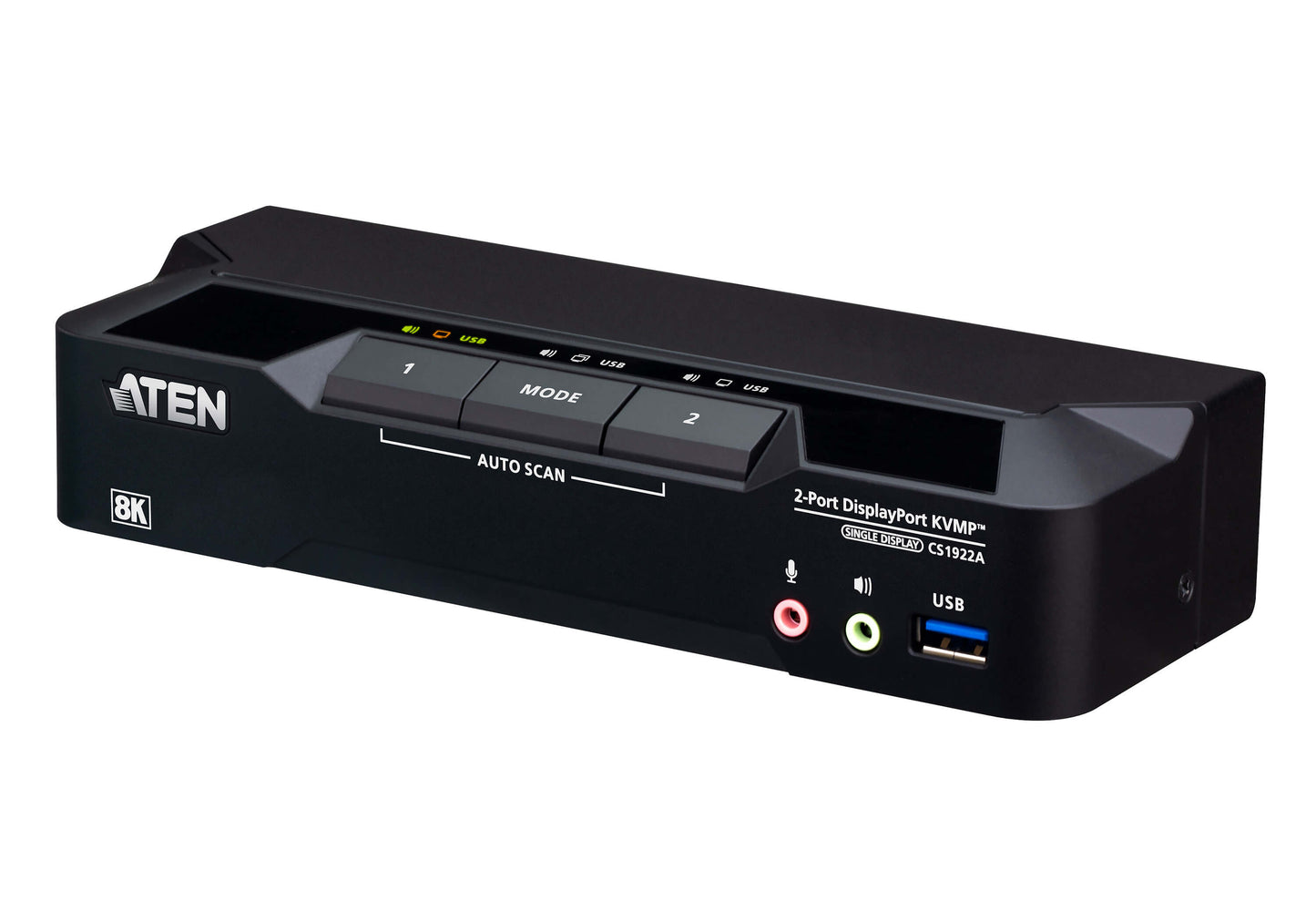 Black aten cs1922a 2-port displayport 1.4 kvmp switch with usb 3.0 audio jacks and control buttons front view
