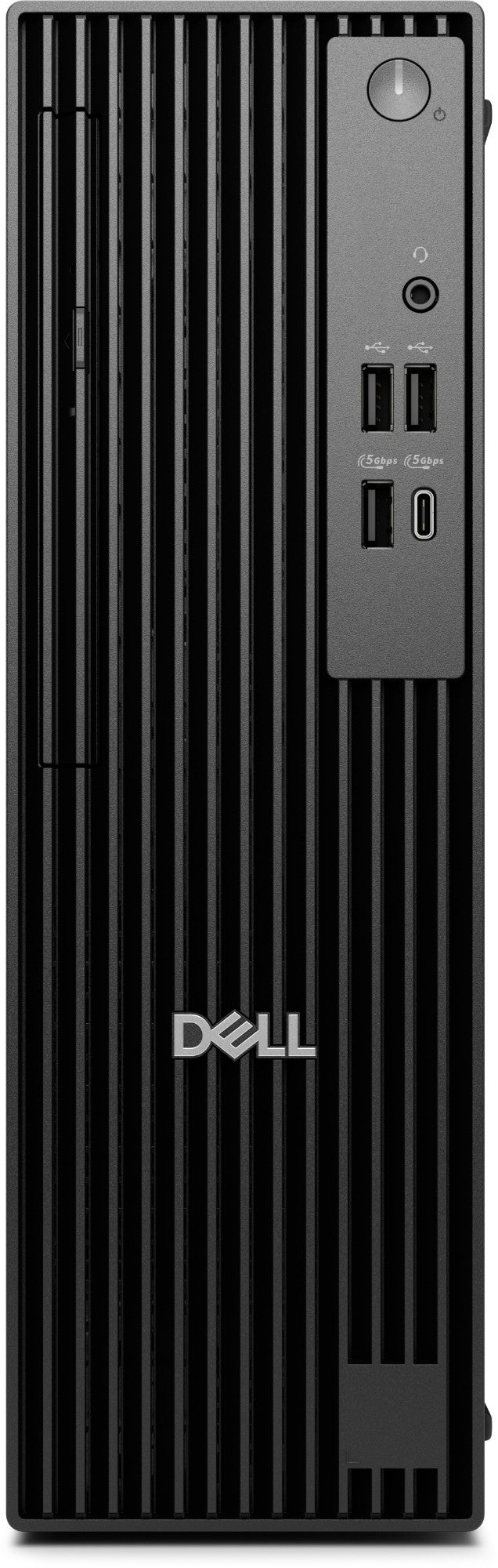 Dell Pro Slim QCS1255 SFF desktop rear with black ribbed design, silver I/O accents
