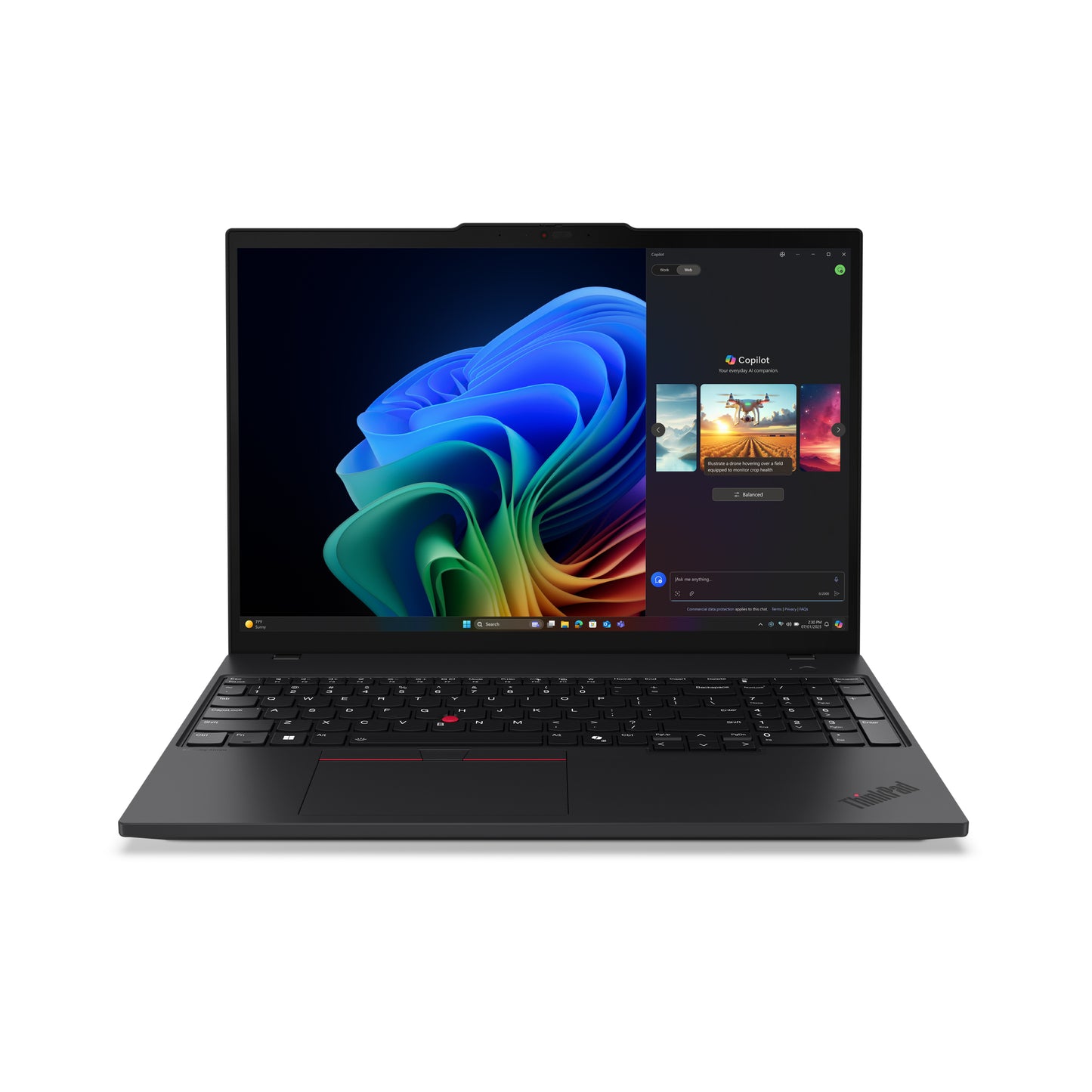 Black Lenovo ThinkPad T16 Gen 4 AMD laptop with blue-green wallpaper