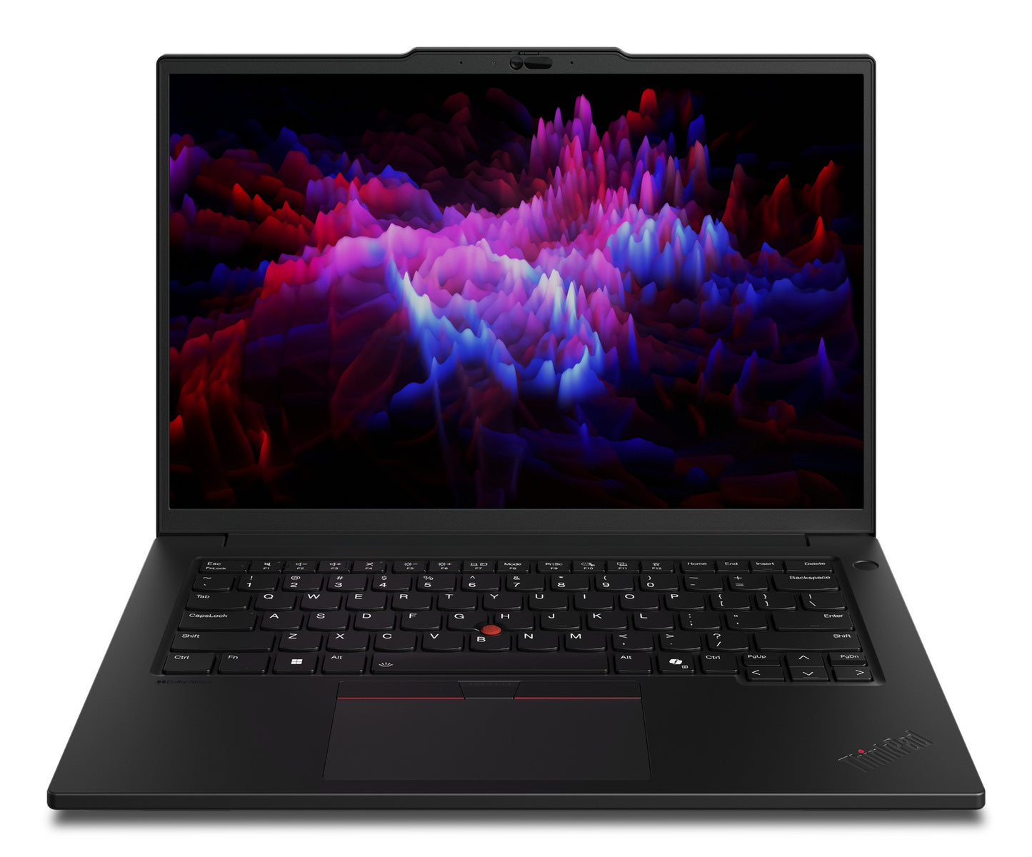 Black Lenovo ThinkPad P14s Gen 6 laptop with vibrant abstract screen wallpaper