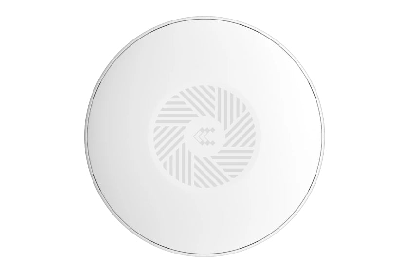 White circular wireless charging pad with embossed camera aperture design for teltonika tap200 wifi 5 access point