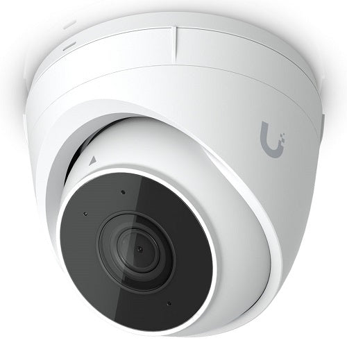 White dome security camera with black lens cover ubquiti uvC-G5-turret-ultra ai detections night vision poe