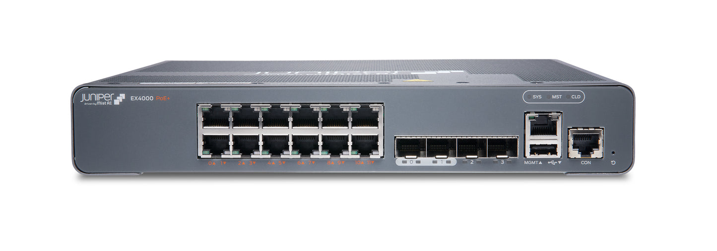 Juniper EX4000-12P | EX4000 Series 12 x 1GbE PoE+ Ports, 4x10G SFP+ Uplinks, Standard SW
