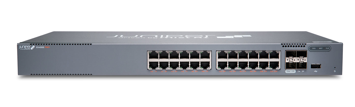 Juniper EX4000-24P | EX4000 Series 24 x 1GbE PoE+ Ports, 4x10G SFP+ Uplinks, 1U Switch