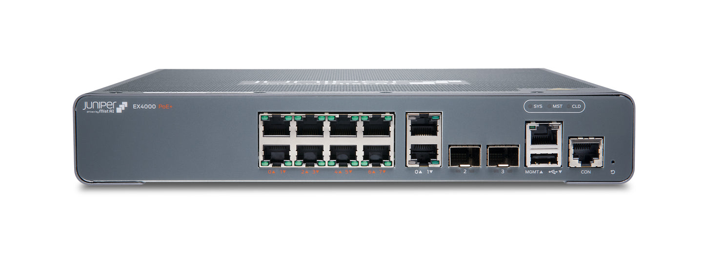 Juniper EX4000-8P | EX4000 Series 8 x 1GbE PoE+ Ports, 2x1GBaseT, 2x10G SFP+