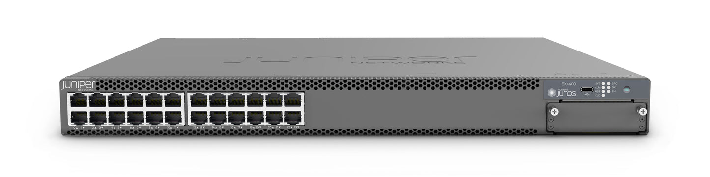 Gray metal Juniper EX4400-24MP 1U network switch with 24 10GbE PoE+ ethernet ports and indicator lights