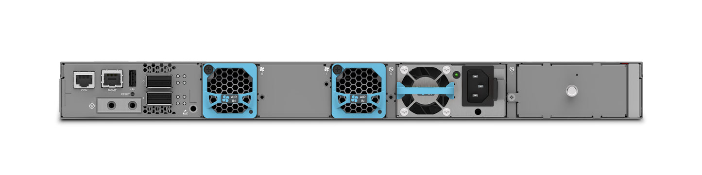 Back side of gray juniper ex4400-48f-afi server rack with three blue-accented fans and multiple network ports