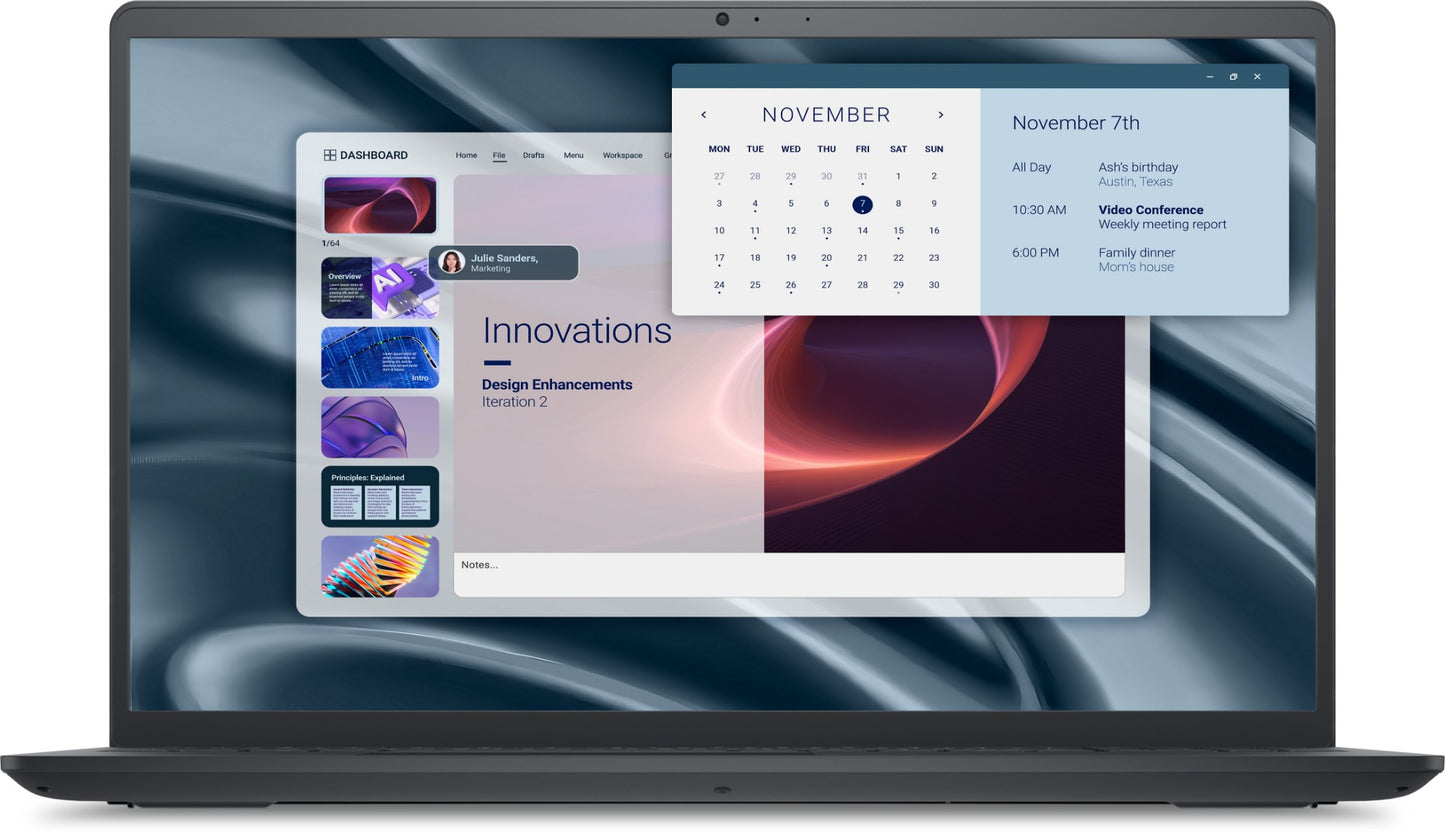 Dell Pro 15 Essential PV15255 silver laptop with illuminated FHD calendar display